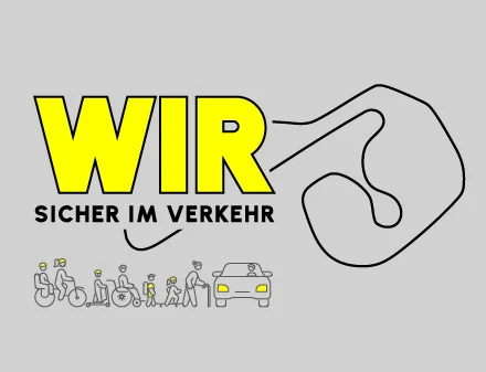 Skizze vom Sachsenring hinter dem Slogan "Wir sicher im Verkehr"