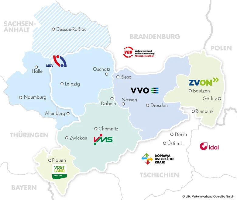 Übersichtskarte der Verkehrsverbünde in Sachsen – MDV, VVO, ZVON, VMS, Vogtlandbahn