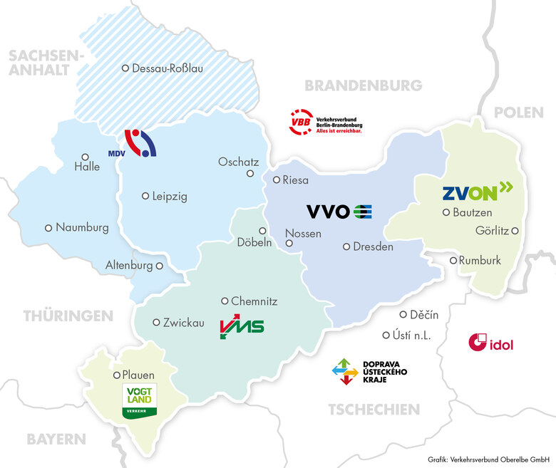 Übersichtskarte der Verkehrsverbünde in Sachsen – MDV, VVO, ZVON, VMS, Vogtlandbahn
